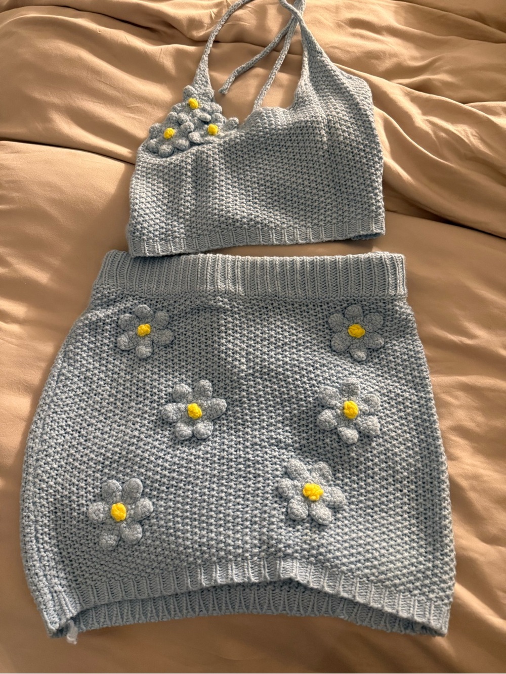 WeWoreWhat Light Blue Crochet Mini Skirt with Yellow Daisy Appliqués - Picture 3 of 4